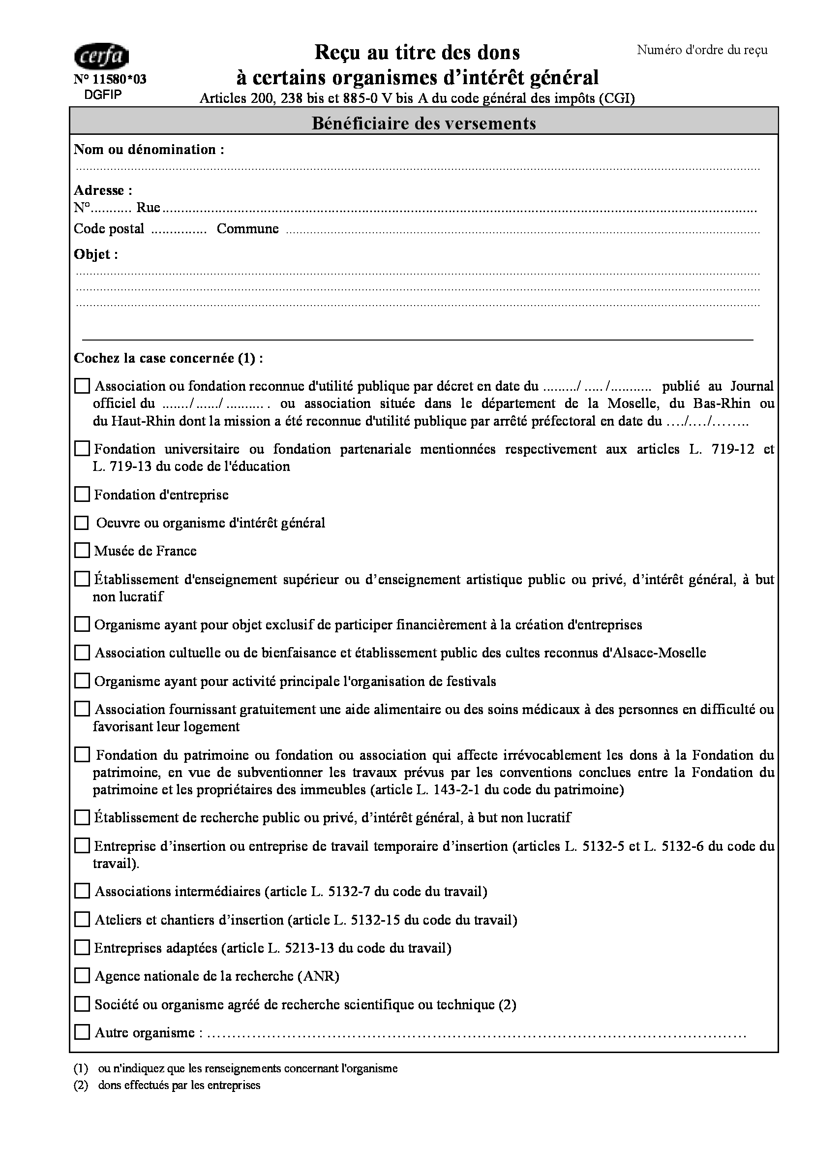 reçu au titre des dons
